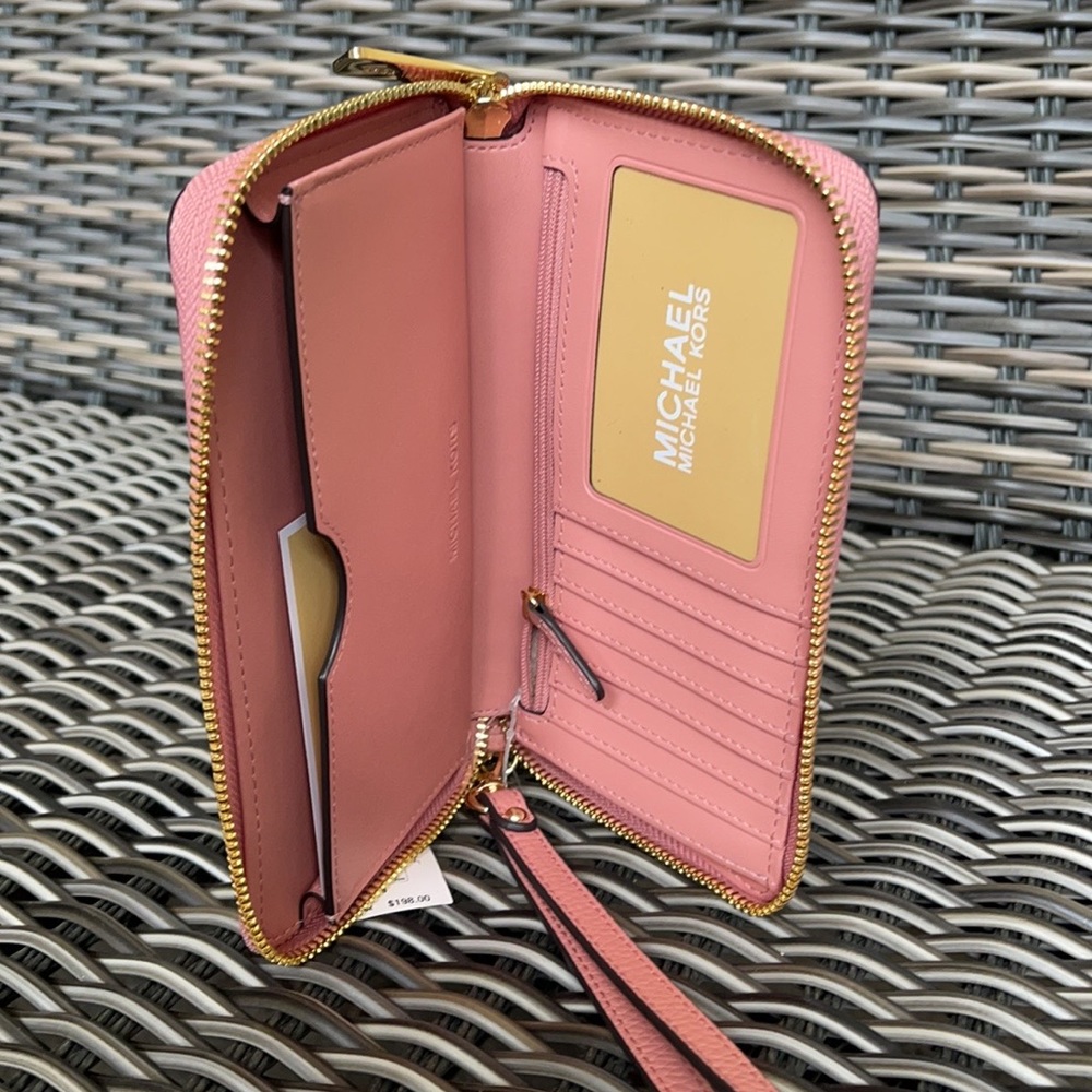 Michael Kors Large Flat MF Phone Case Leather Wallet in Sunset Rose - Picture 10 of 16
